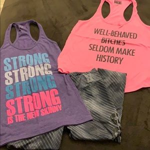 Two muscle tanks and 3/4 crop leggings